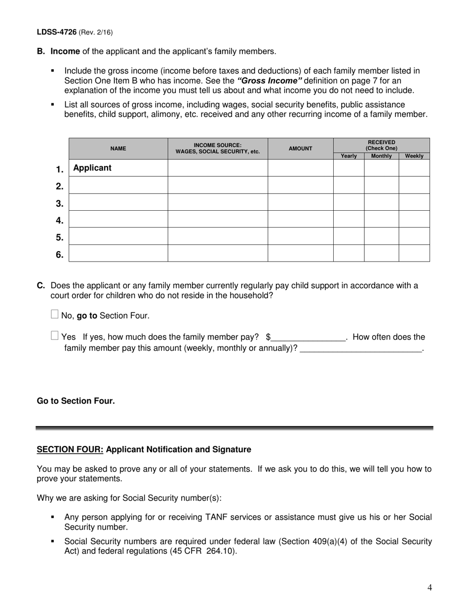 Form LDSS-4726 TANF Services Application / Certification - New York, Page 4