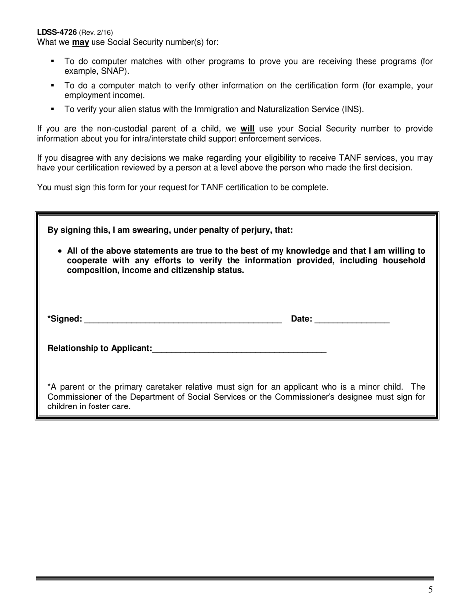 Form LDSS-4726 TANF Services Application / Certification - New York, Page 5