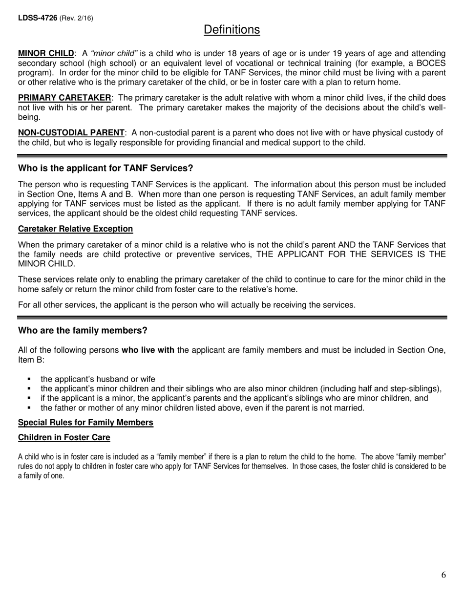 Form LDSS-4726 TANF Services Application / Certification - New York, Page 6