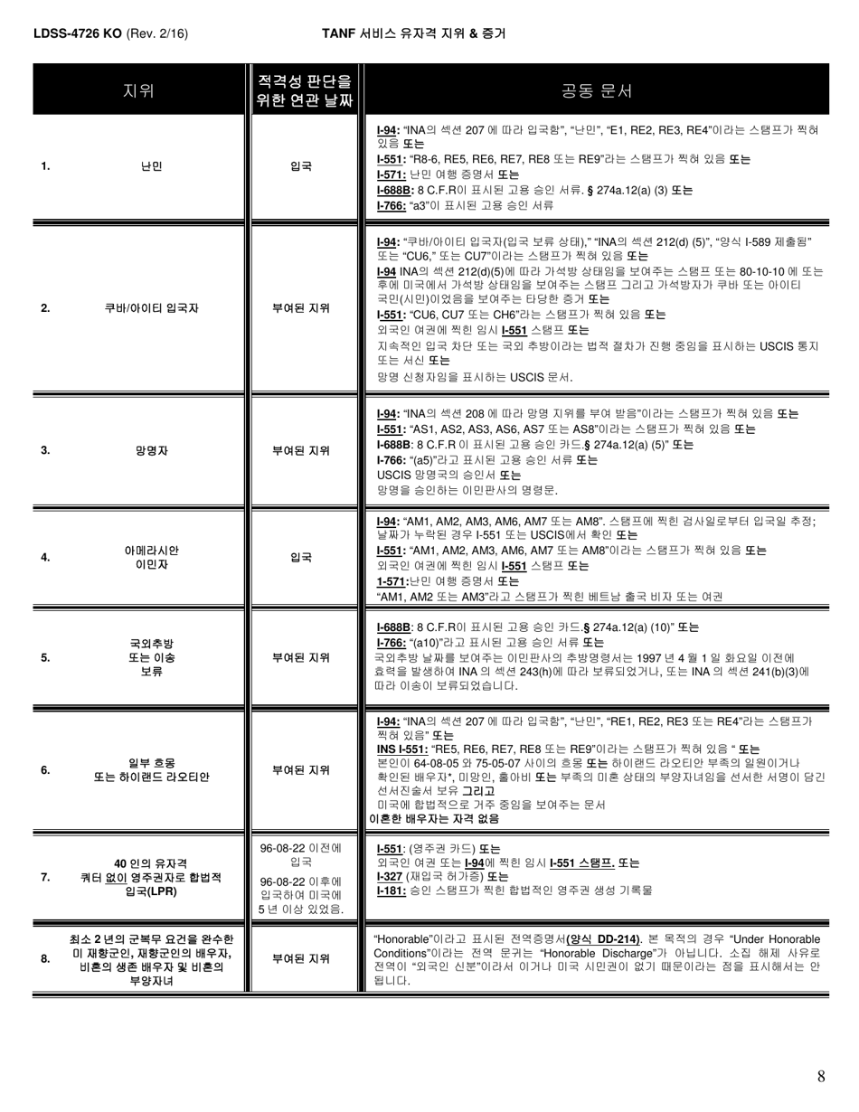 Form LDSS-4726 TANF Services Application / Certification - New York (Korean), Page 8