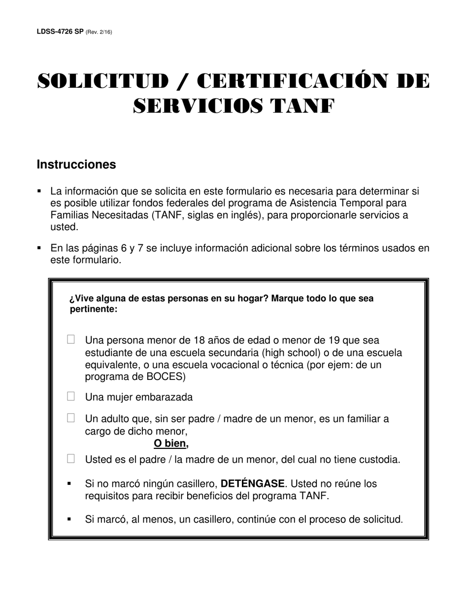 Formulario LDSS-4726 Solicitud/Certificacion De Servicios Tanf - New York (Spanish), Page 1