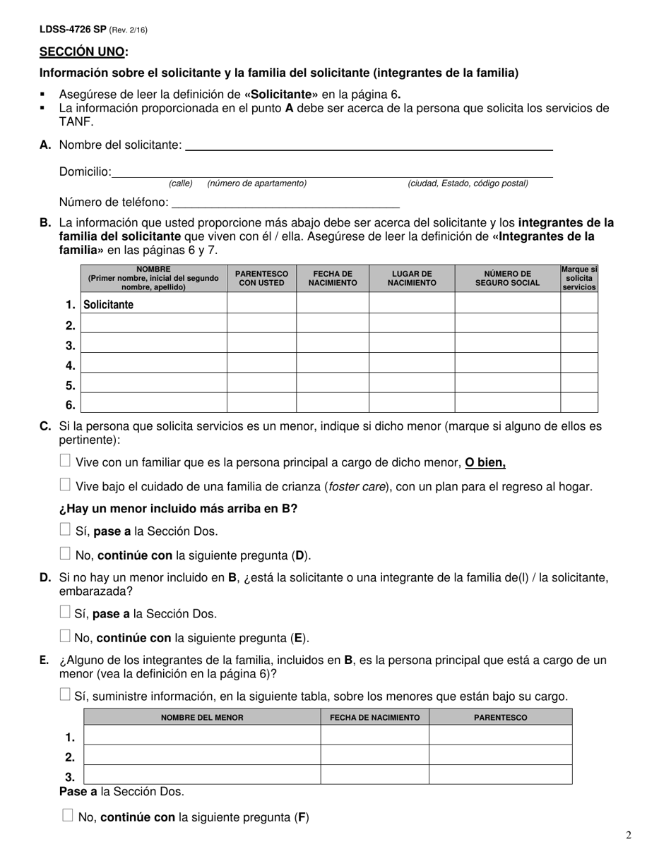 Formulario LDSS-4726 Solicitud / Certificacion De Servicios Tanf - New York (Spanish), Page 2