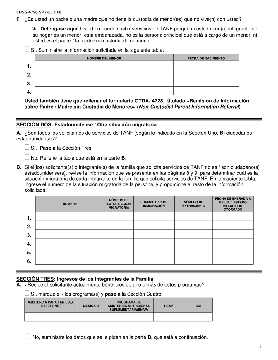 Formulario LDSS-4726 Solicitud / Certificacion De Servicios Tanf - New York (Spanish), Page 3