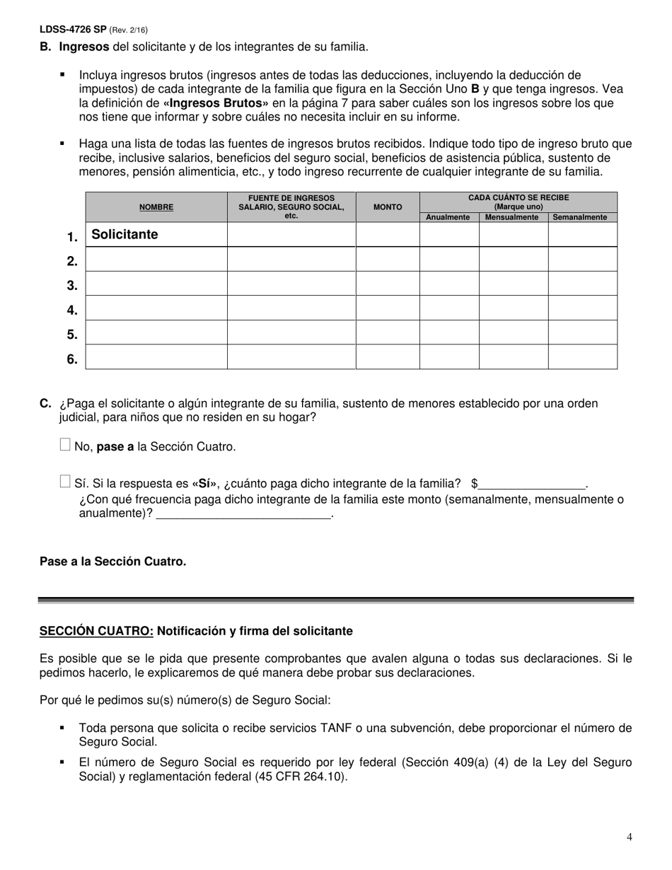 Formulario LDSS-4726 Solicitud / Certificacion De Servicios Tanf - New York (Spanish), Page 4