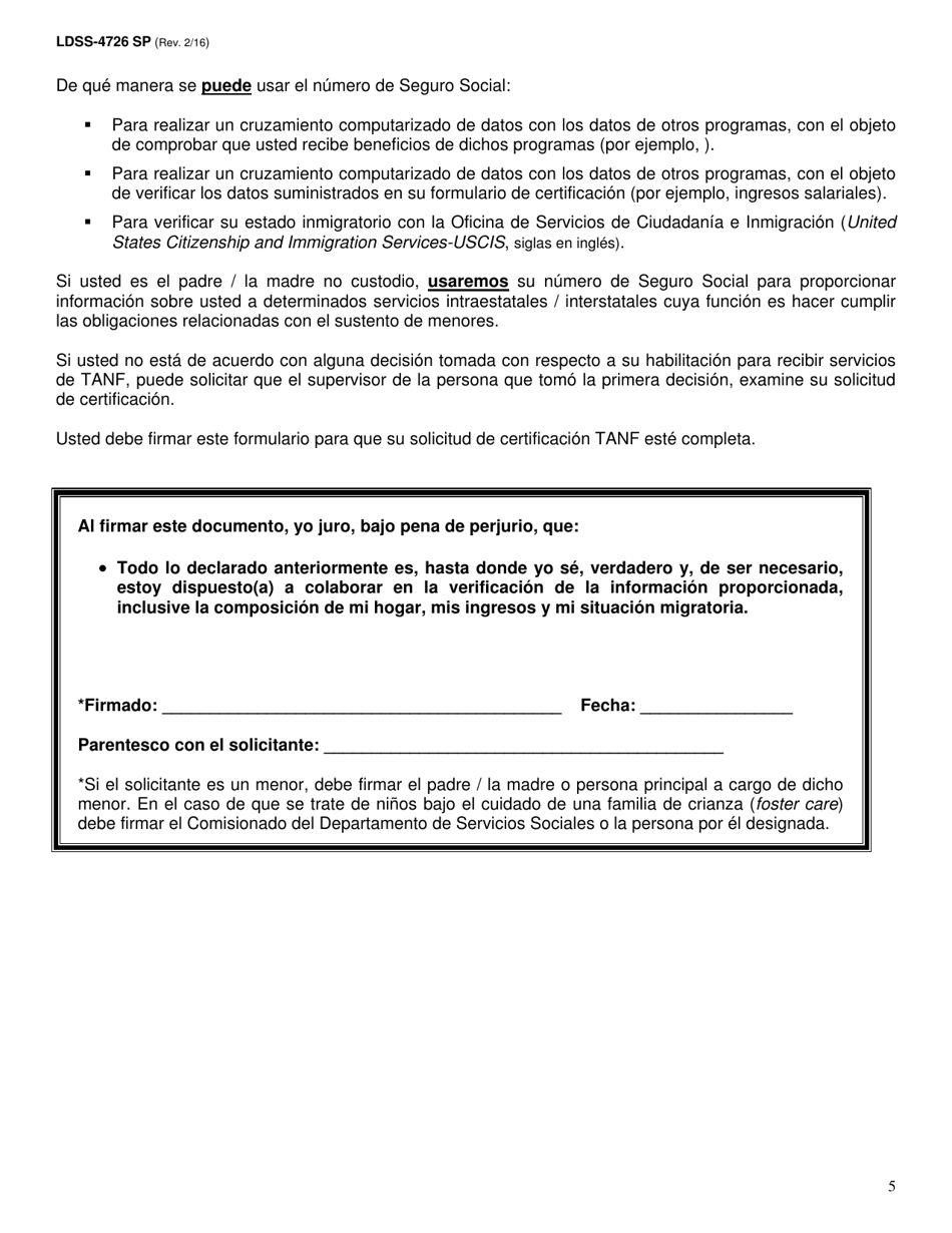 Formulario LDSS-4726 Solicitud / Certificacion De Servicios Tanf - New York (Spanish), Page 5