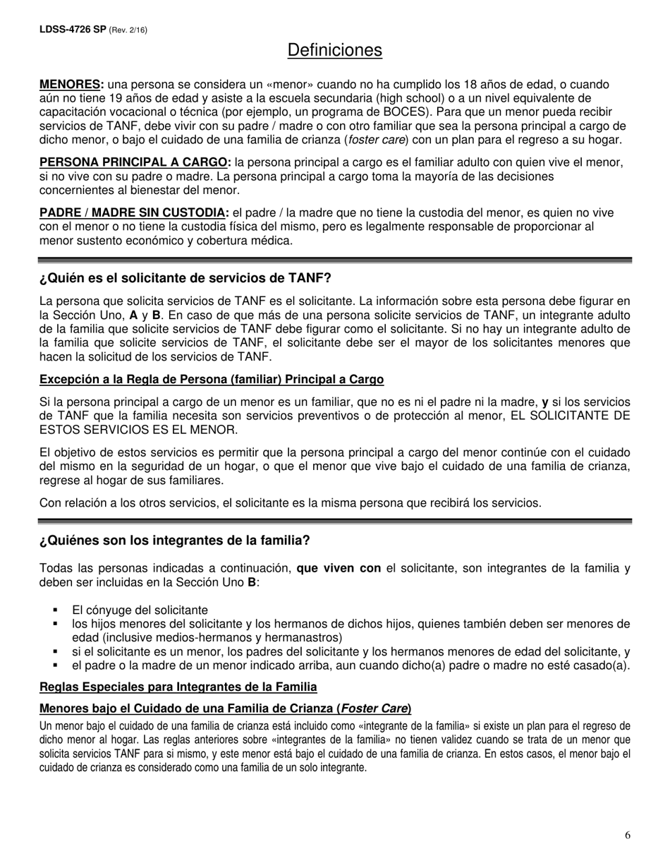 Formulario LDSS-4726 Solicitud / Certificacion De Servicios Tanf - New York (Spanish), Page 6