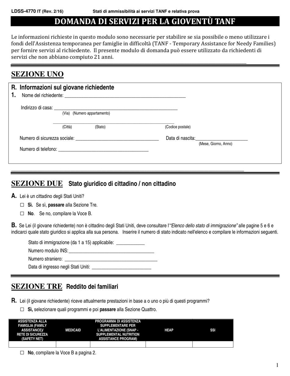Form LDSS-4770 TANF Youth Services Application - New York (English / Italian), Page 1