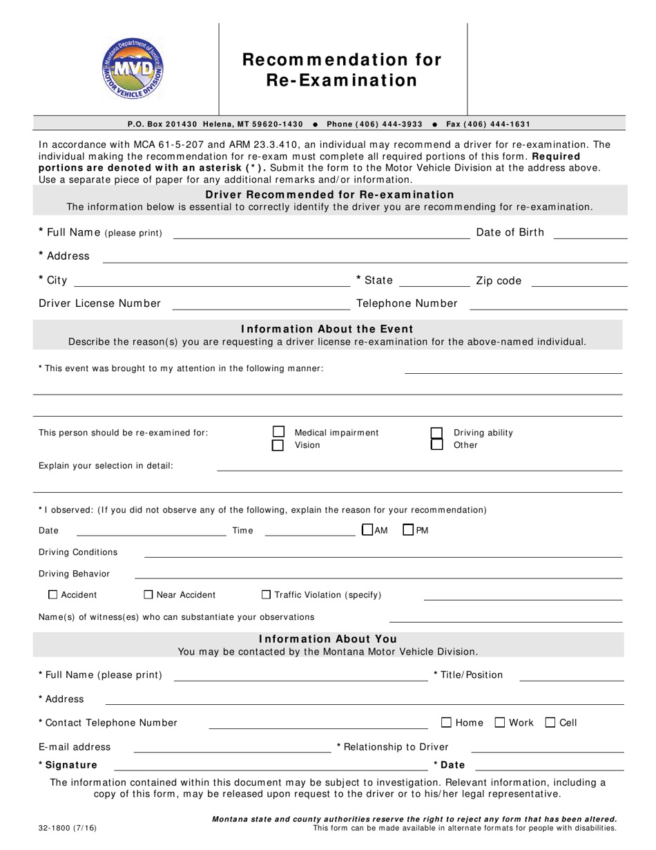 Form 32-1800 Recommendation for Re-examination - Montana, Page 1