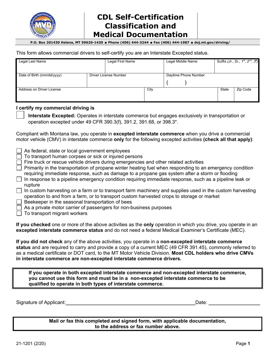Form 21-1201 Cdl Self-certification Classification and Medical Documentation - Montana, Page 1