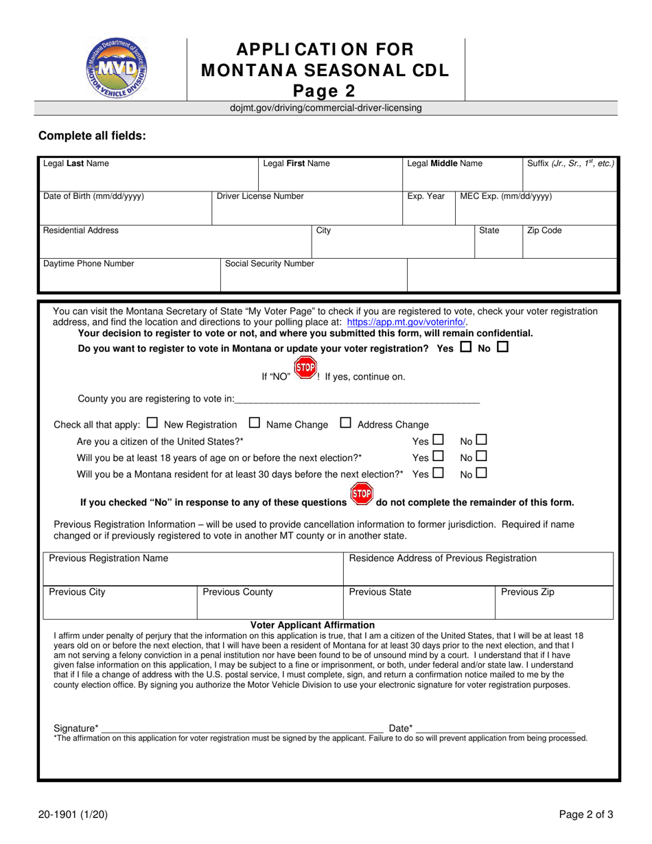 Form 20-1901 Application for Montana Seasonal Cdl - Montana, Page 2
