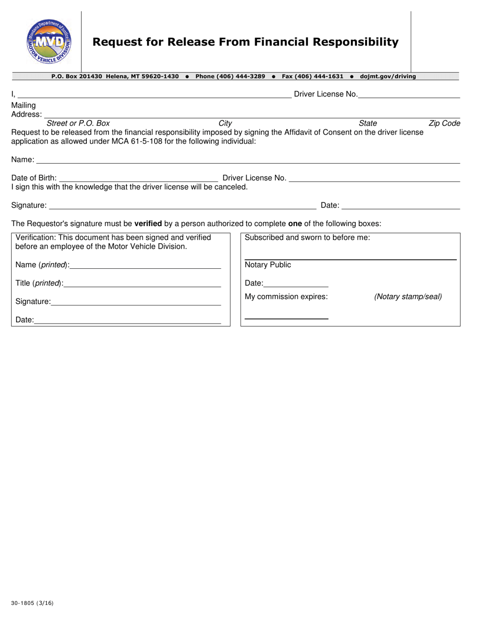 Form 30-1805 Request for Release From Financial Responsibility - Montana, Page 1