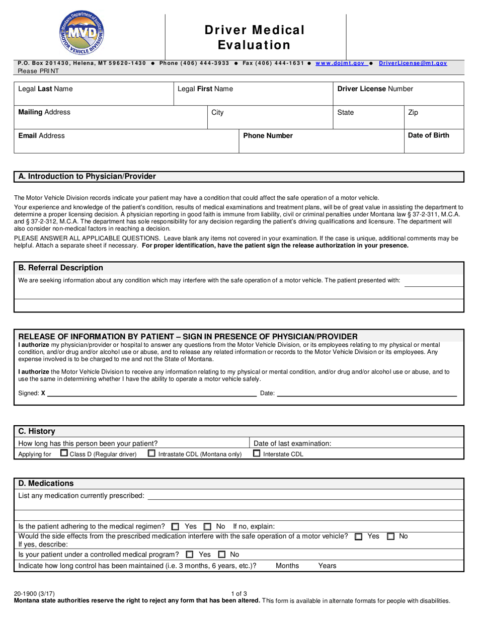 Form 20-1900 Driver Medical Evaluation - Montana, Page 1