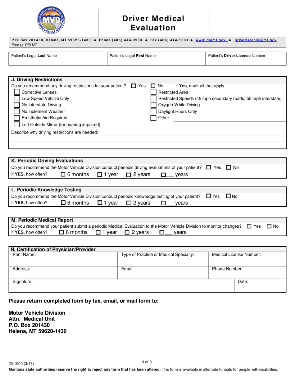 Form 20-1900 Driver Medical Evaluation - Montana, Page 3