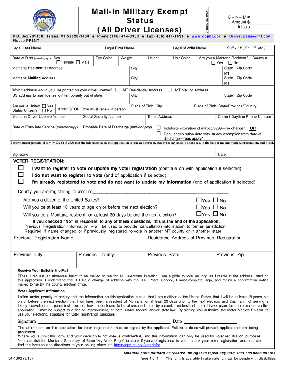 Form 34-1303 Mail-In Military Exempt Status (All Driver Licenses) - Montana, Page 2