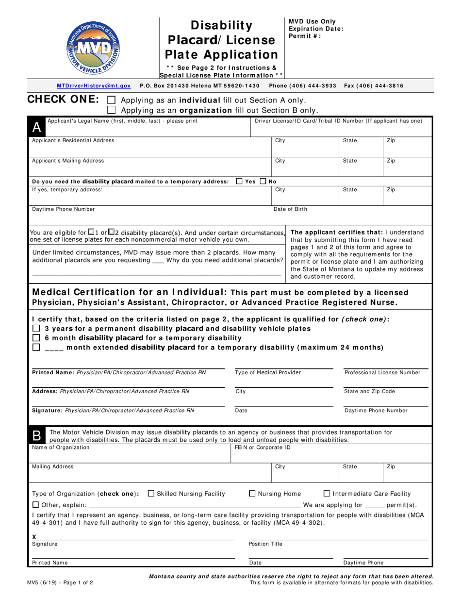 Form MV5 Disability Placard/License Plate Application - Montana, Page 1