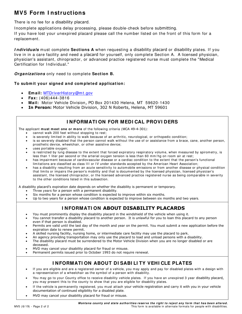 Form MV5 Disability Placard / License Plate Application - Montana, Page 2