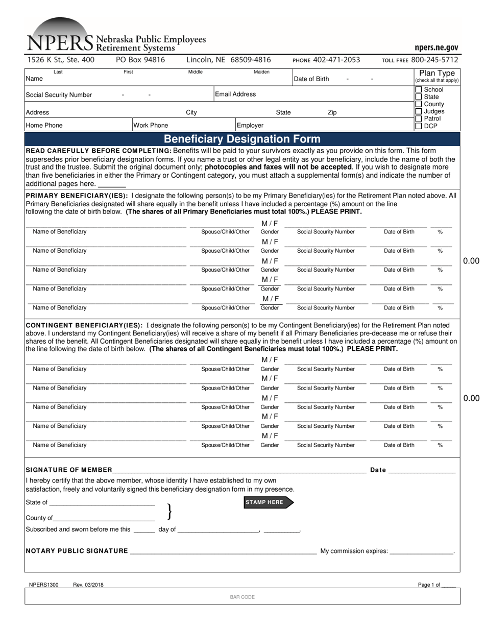 Form NPERS1300 Beneficiary Designation Form - Nebraska, Page 1