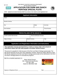 Document preview: Form MVD-10106 Application for Farm and Ranch Heritage Special Plate - New Mexico