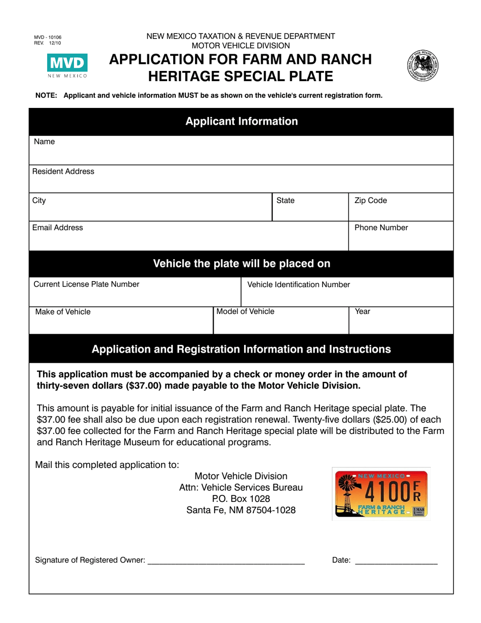 Form MVD-10106 Application for Farm and Ranch Heritage Special Plate - New Mexico, Page 1