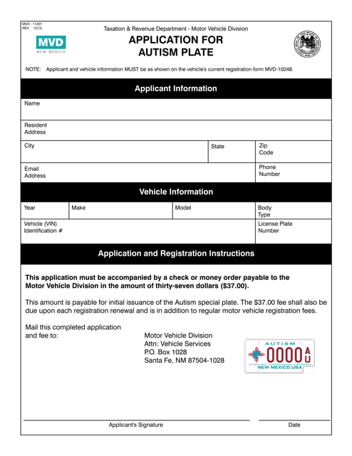 Form MVD-11201 Application for Autism Plate - New Mexico