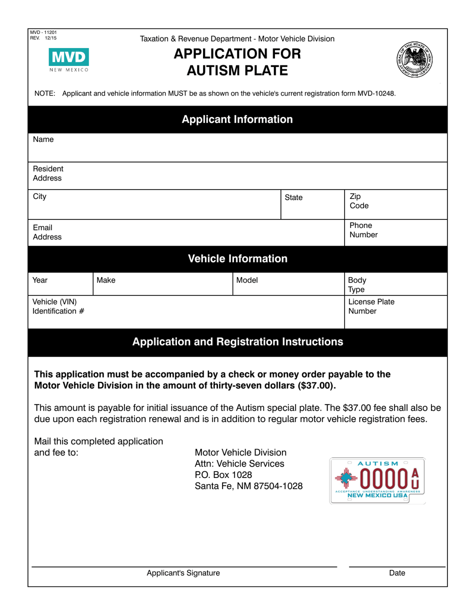 Form MVD-11201 Application for Autism Plate - New Mexico, Page 1