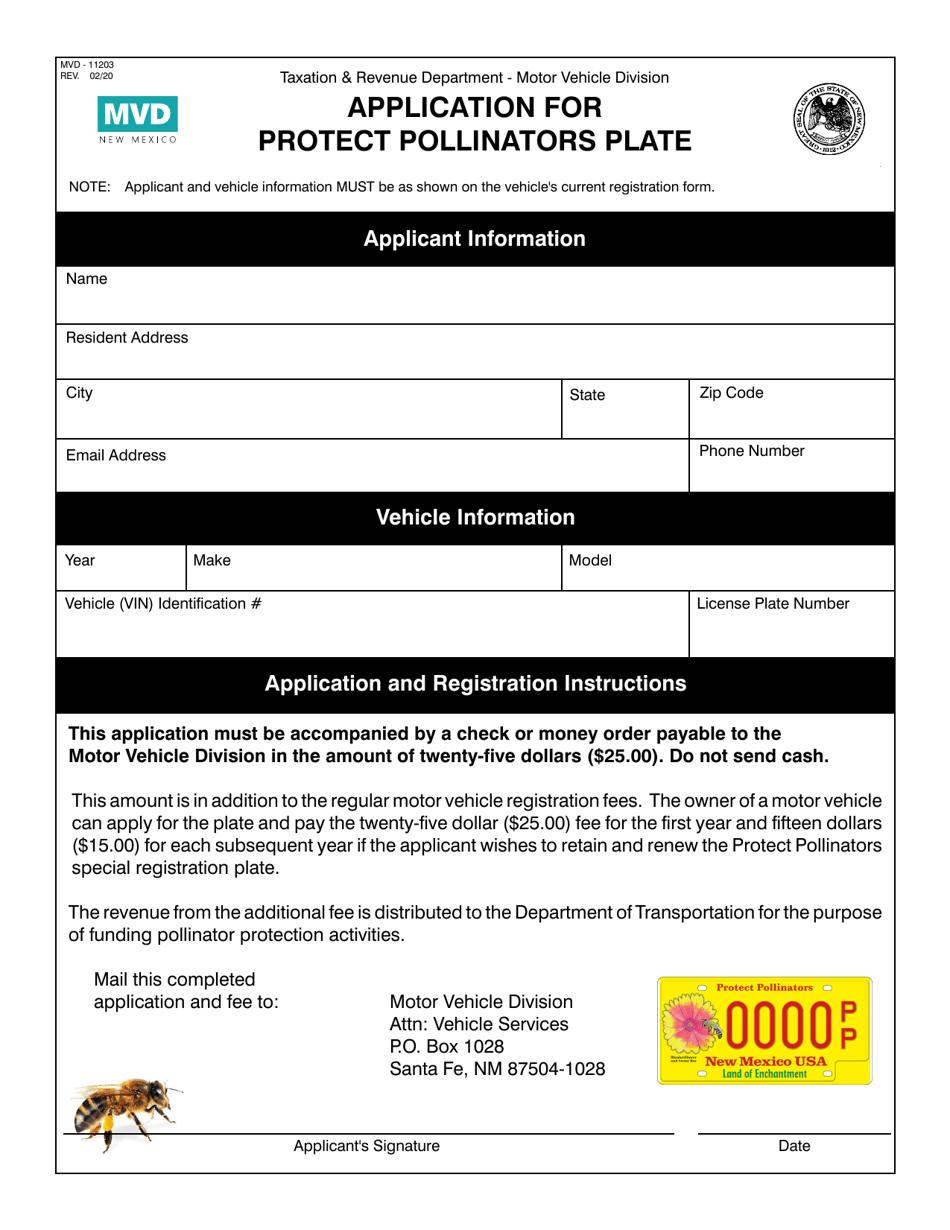 Form MVD-11203 Application for Protect Pollinators Plate - New Mexico, Page 1