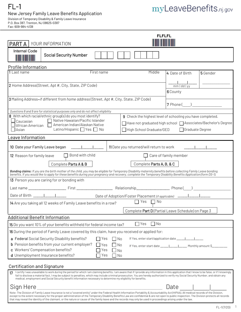 Form FL-1 New Jersey Family Leave Benefits Application - New Jersey, Page 1