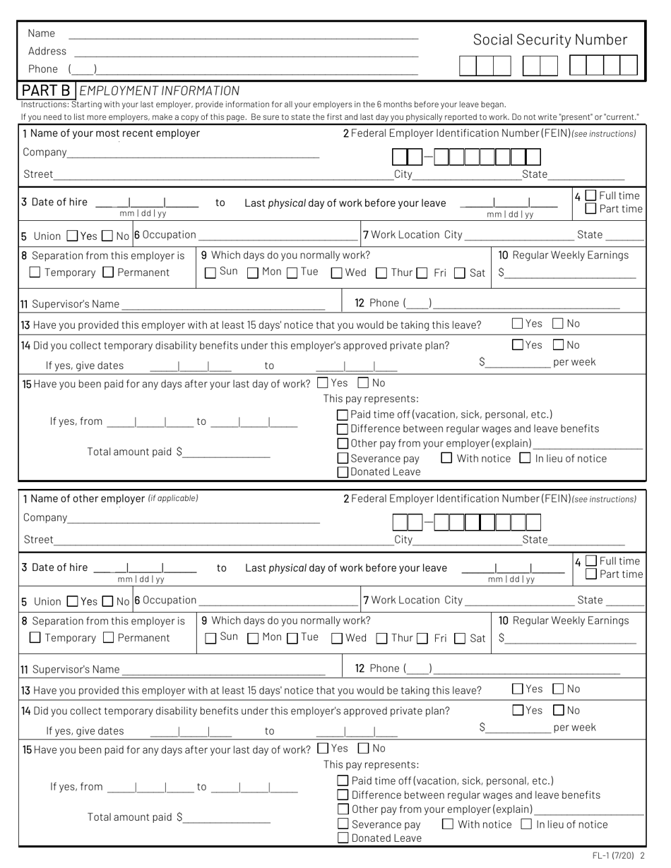 Form FL1 Download Printable PDF or Fill Online New Jersey Family Leave