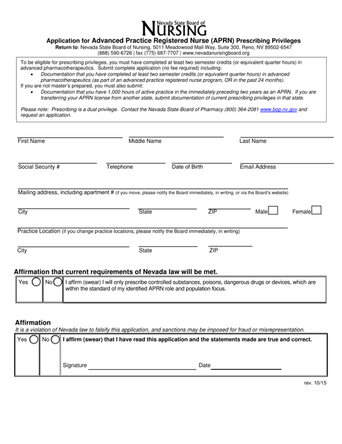 Application for Advanced Practice Registered Nurse (Aprn) Prescribing Privileges - Nevada Download Pdf