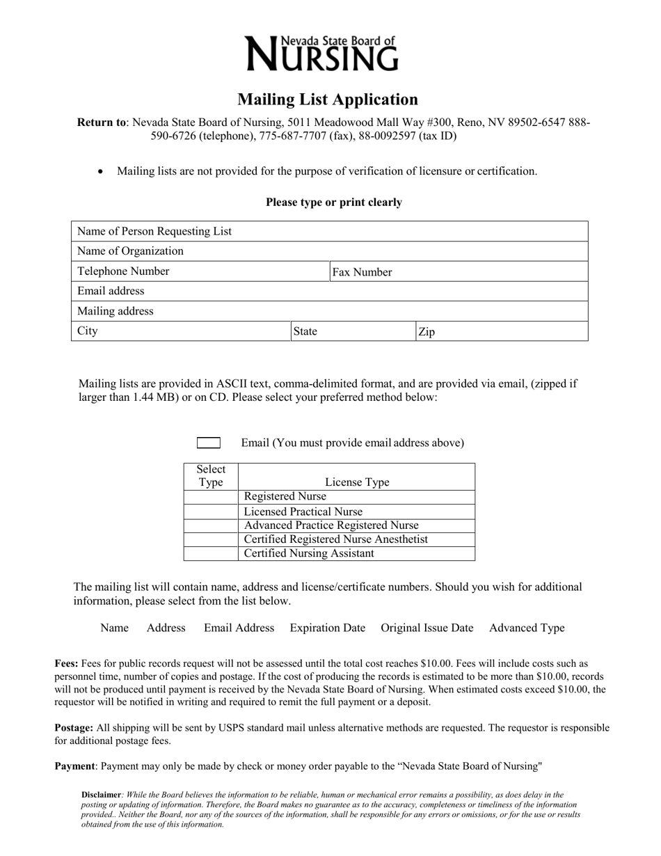 Mailing List Request Form - Nevada, Page 1