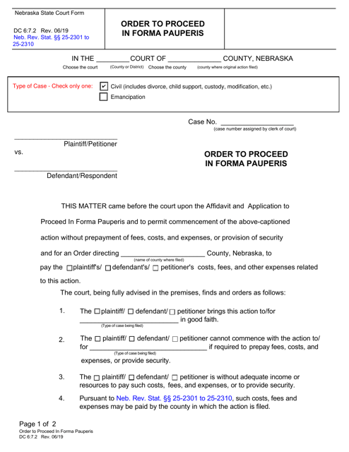 Form DC6:7.2 Order to Proceed in Forma Pauperis - Nebraska