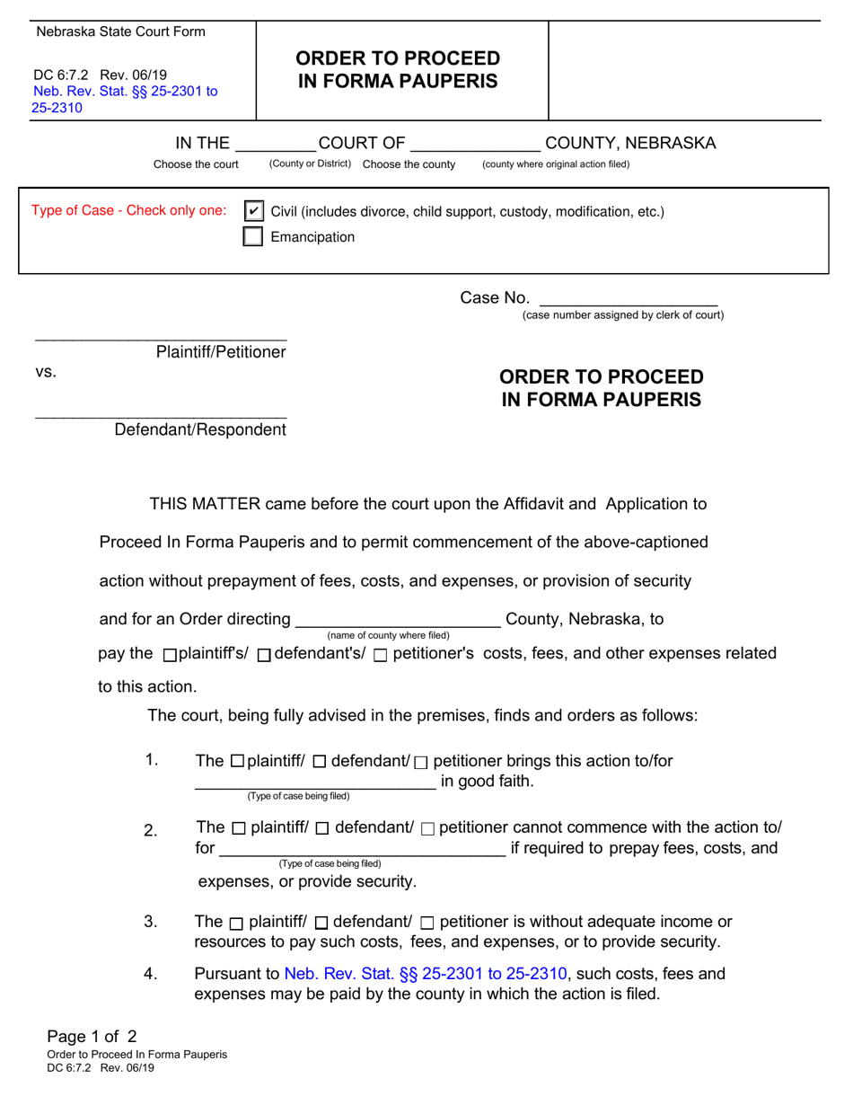Form DC6:7.2 Order to Proceed in Forma Pauperis - Nebraska, Page 1