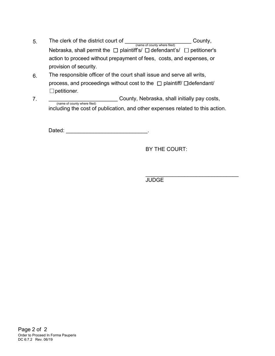 Form DC6:7.2 Order to Proceed in Forma Pauperis - Nebraska, Page 2