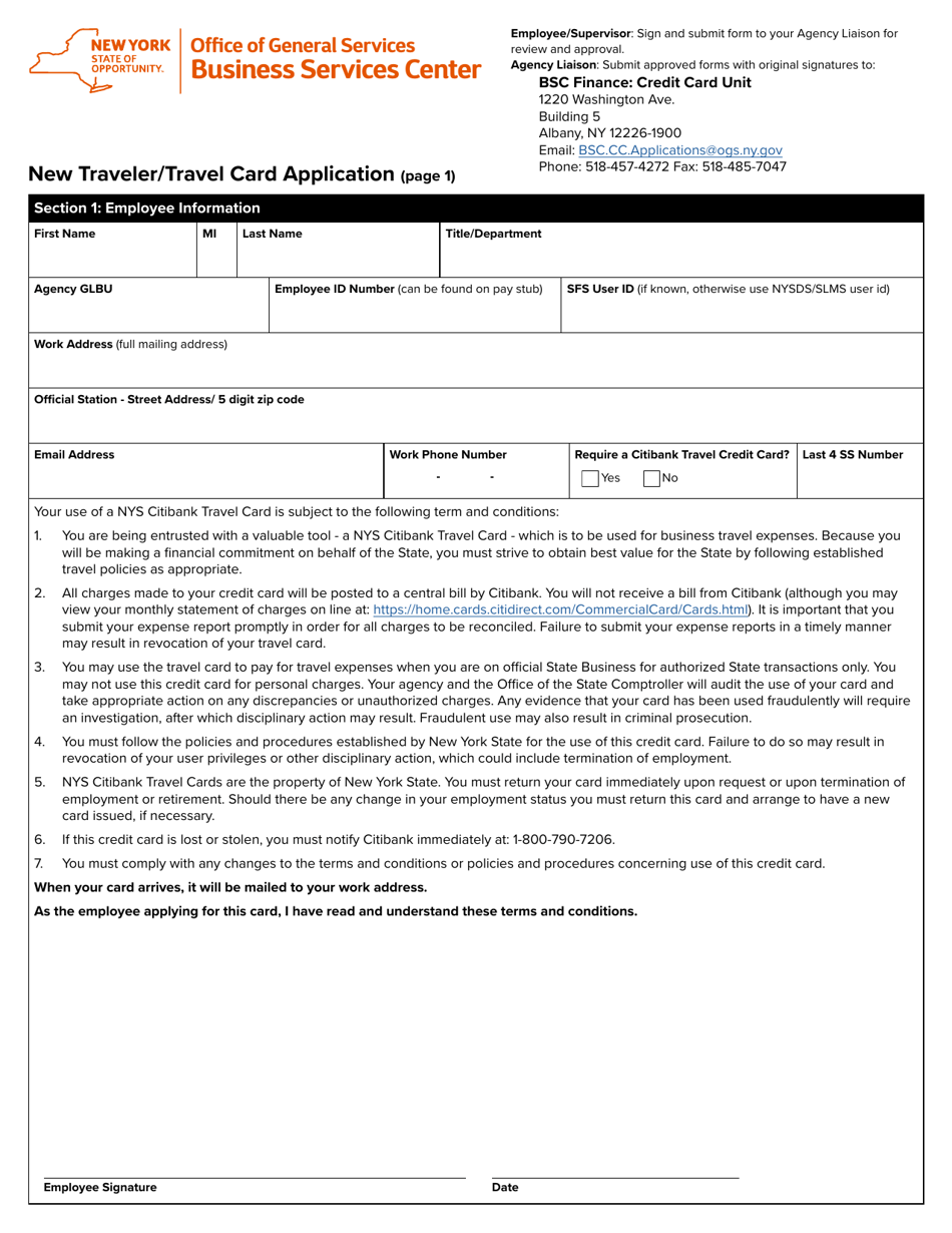 New Traveler / Travel Card Application - New York, Page 1