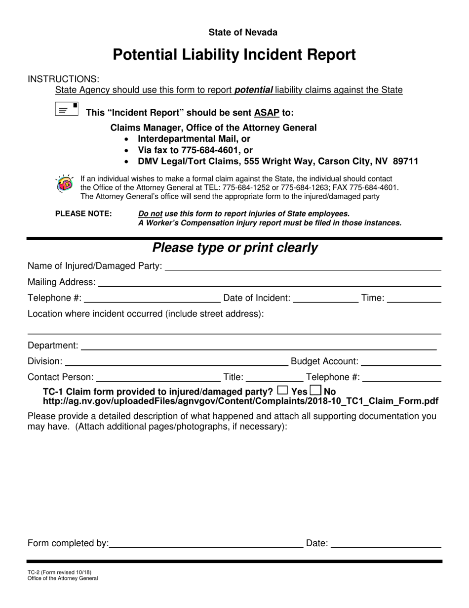 Form TC-2 Potential Liability Incident Report - Nevada, Page 1