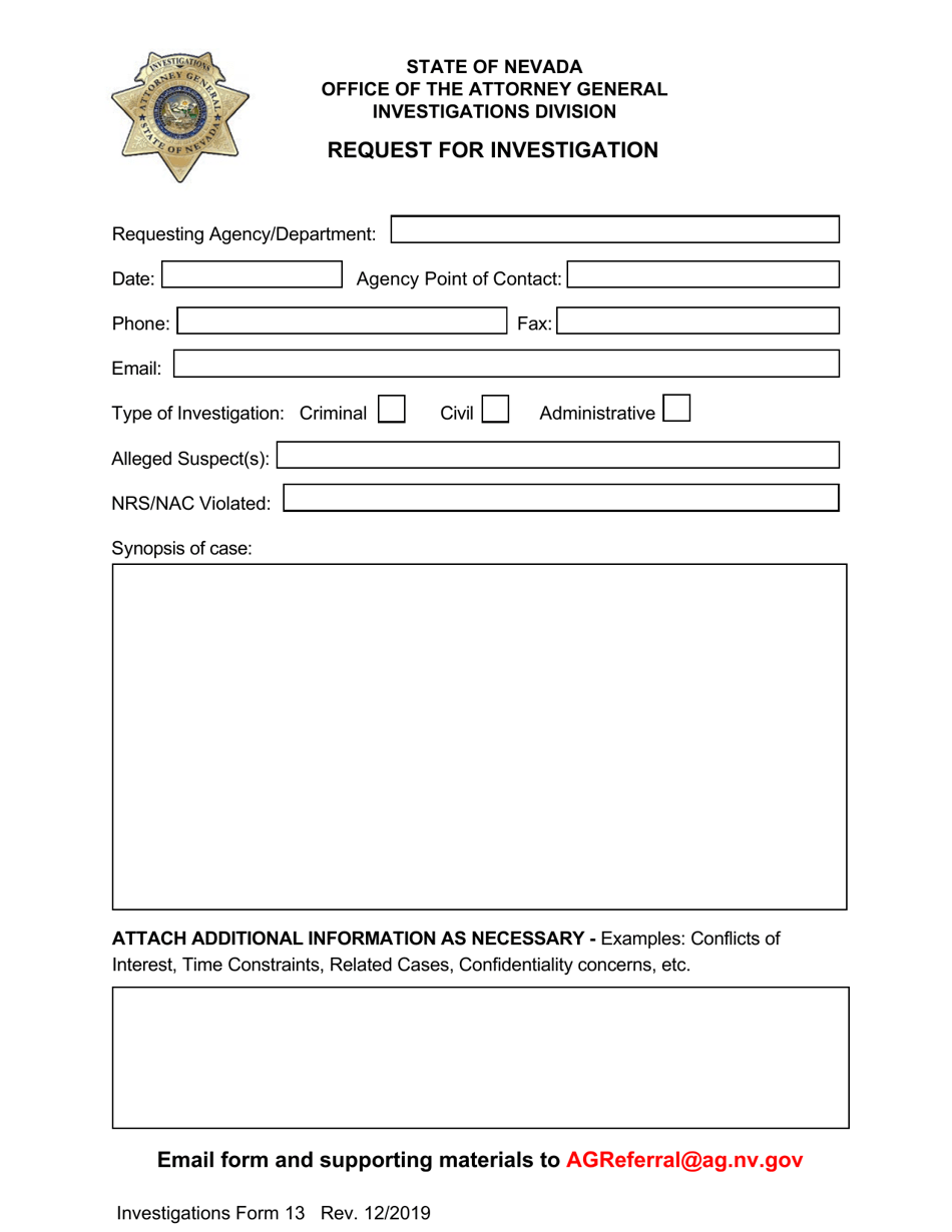 Form 13 Request for Investigation - Nevada, Page 1