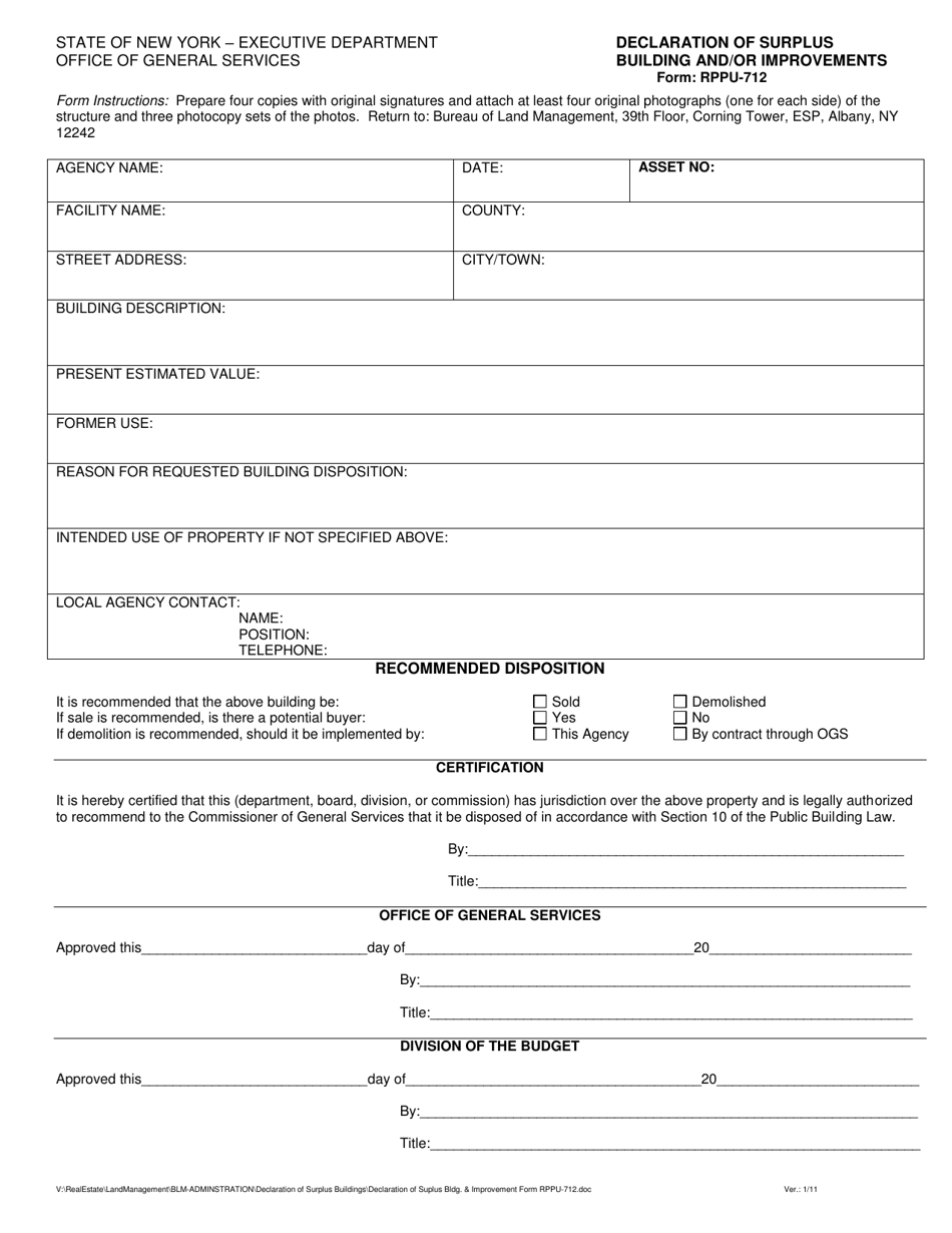 Form RPPU-712 Declaration of Surplus Building and / or Improvements - New York, Page 1