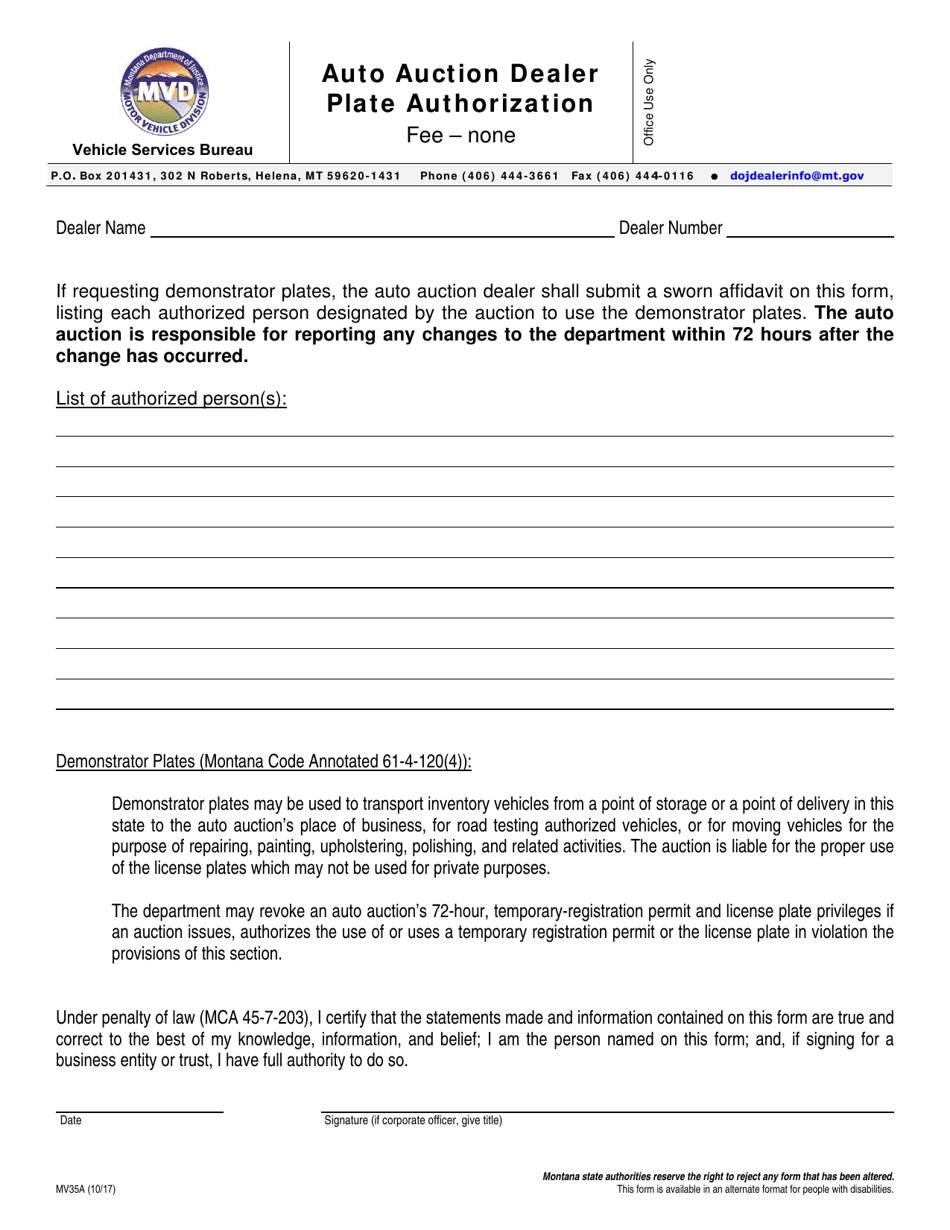 Form MV35A Auto Auction Dealer Plate Authorization - Montana, Page 1