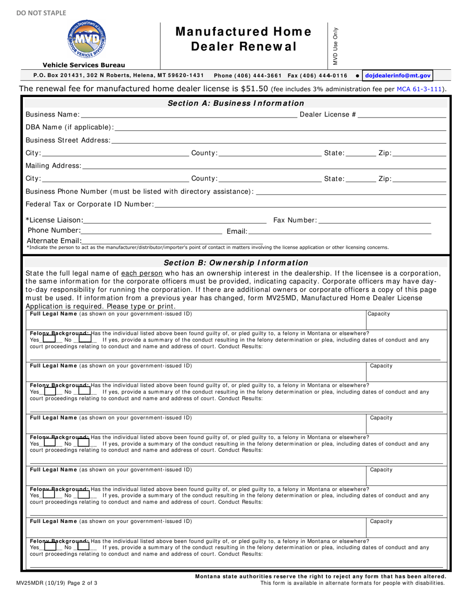 Form MV25MDR Download Fillable PDF or Fill Online Manufactured Home