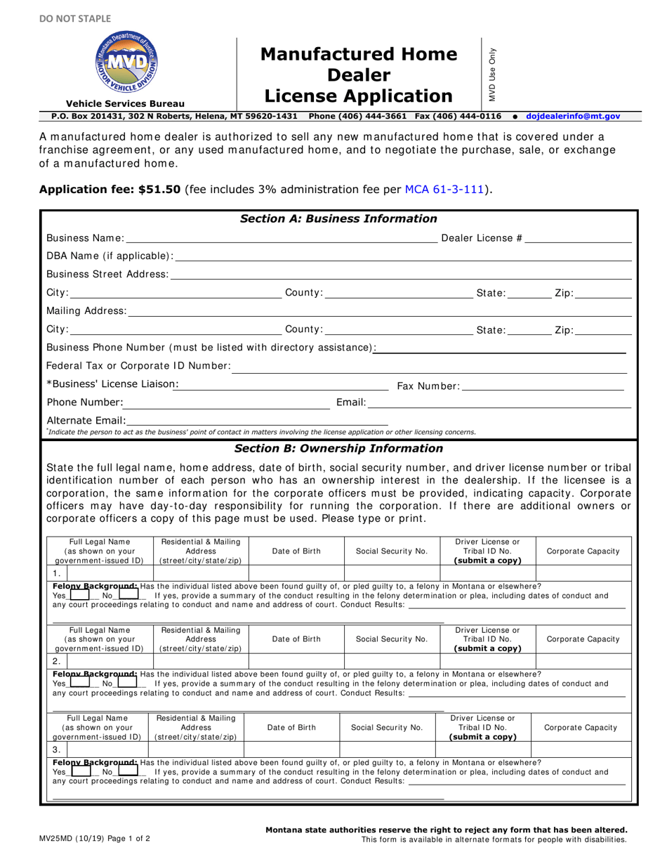 Form MV25MD Application for Manufactured Home Dealer License - Montana, Page 3