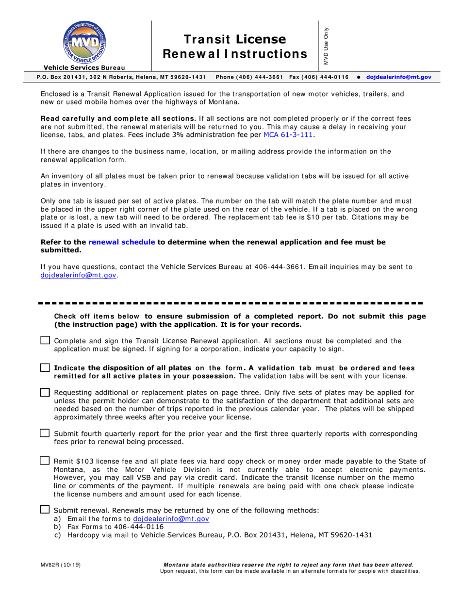Form MV82R Transit License Renewal - Montana, Page 1