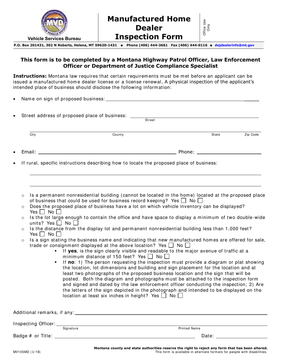 Form MV105MD Manufactured Home Dealer Inspection Form - Montana, Page 1
