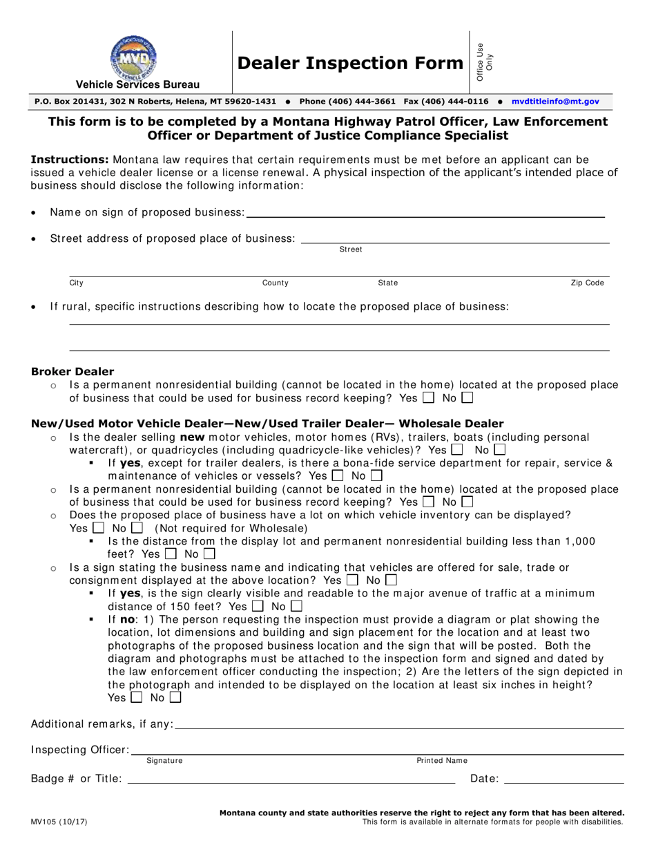 Form MV105 Dealer Inspection Form - Montana, Page 1
