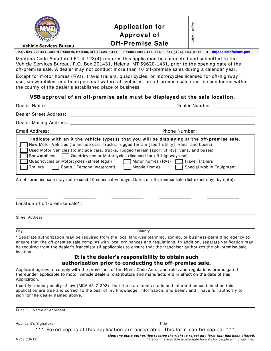Form MV68 Application for Approval of off-Premise Sale - Montana, Page 1