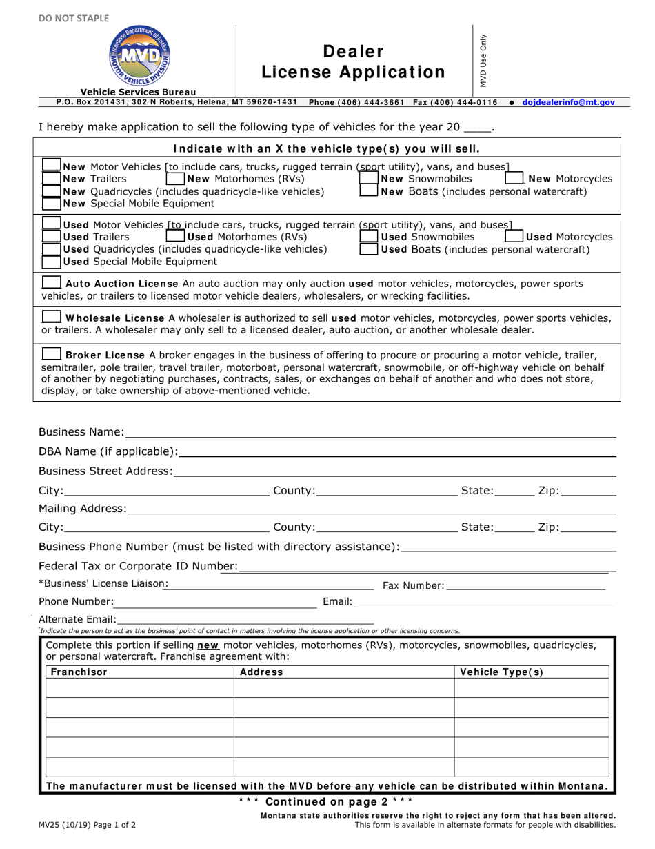 Form MV25 Dealer License Application - Montana, Page 1