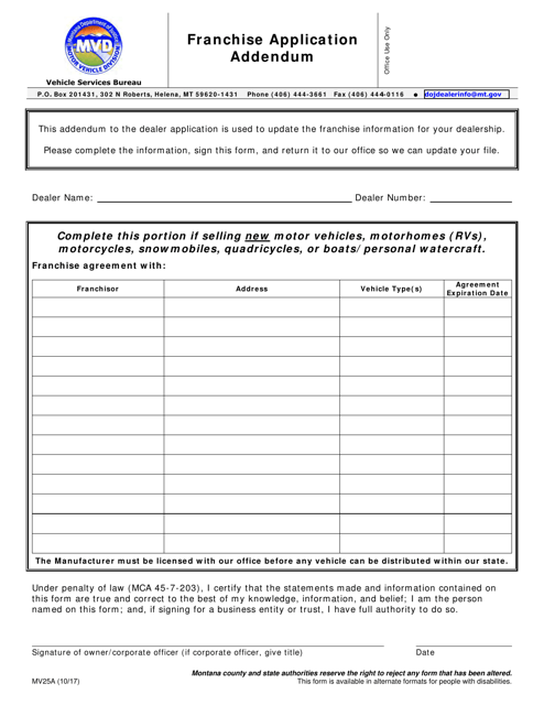 Form MV25A Franchise Application Addendum - Montana