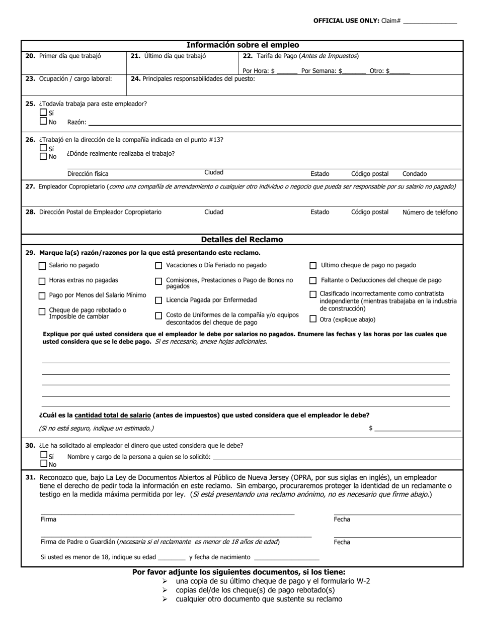 Formulario MW-31S Reclamo De Salario - New Jersey (Spanish), Page 2