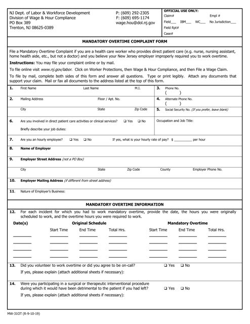 Form MW-31OT Mandatory Overtime Complaint Form - New Jersey