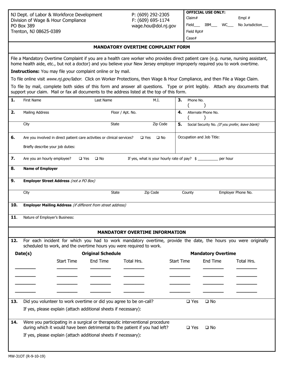 Form MW-31OT Mandatory Overtime Complaint Form - New Jersey, Page 1