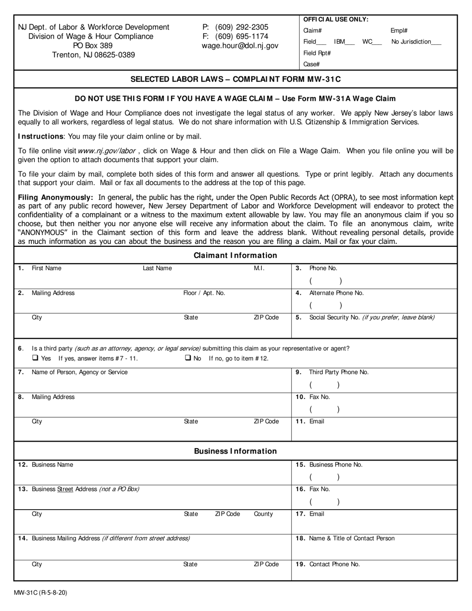 Form MW-31C Complaint Form - Selected Labor Laws - New Jersey, Page 1